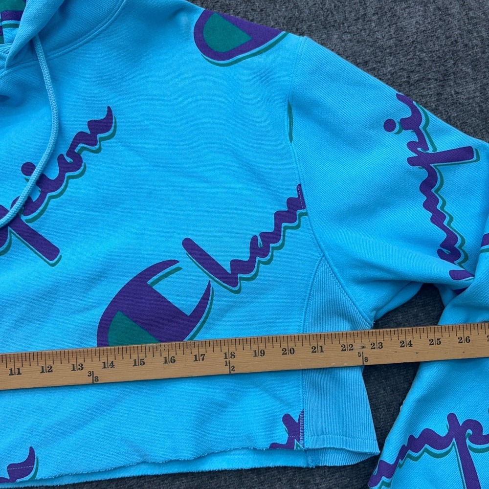 Champion Reverse Weave Hoodie Womens Medium Blue Crop All Over Print Sweatshirt - Picture 6 of 8